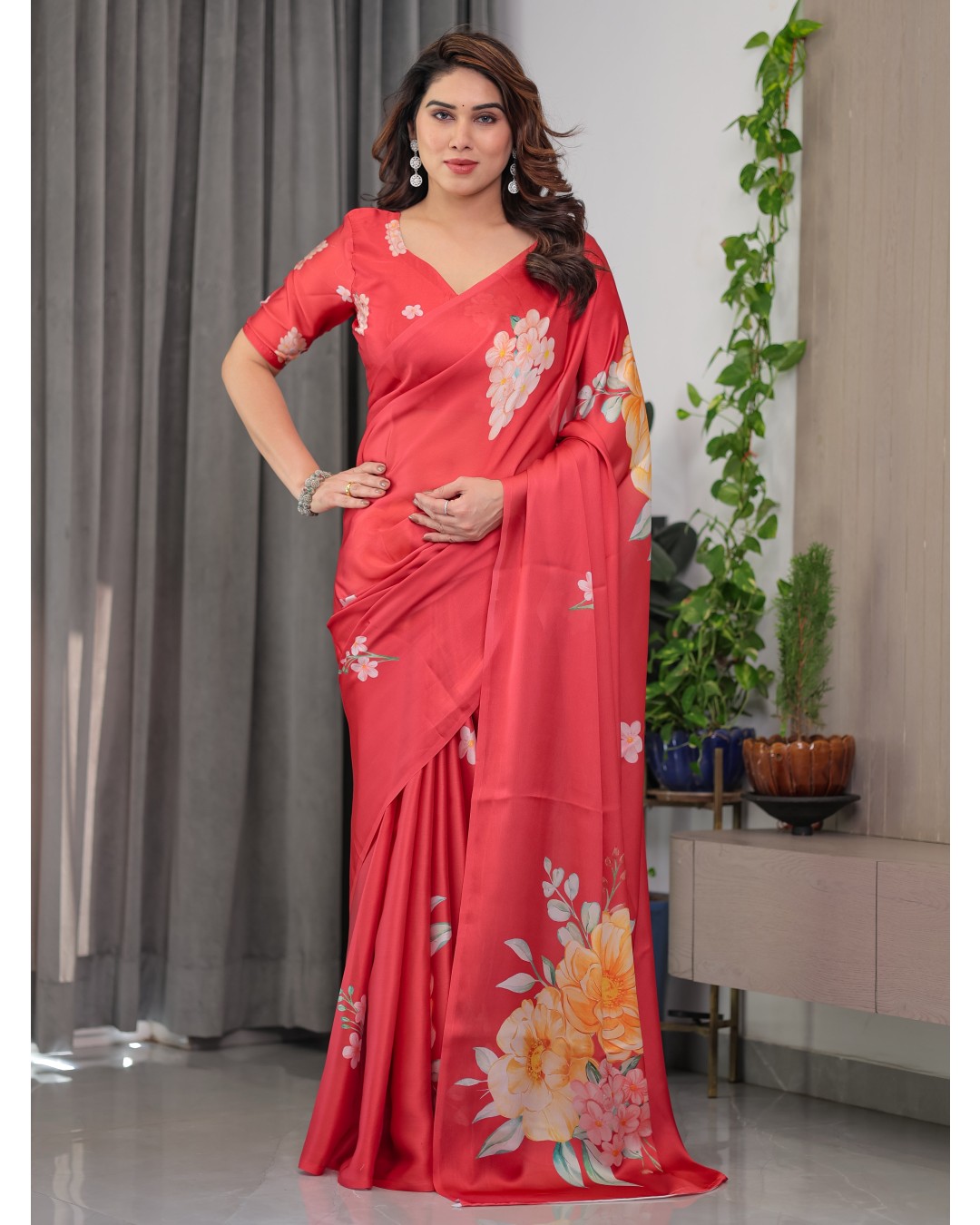 Women's Floral Print Satin Georgette Saree with Designer Attached Blouse (Pack of 1)