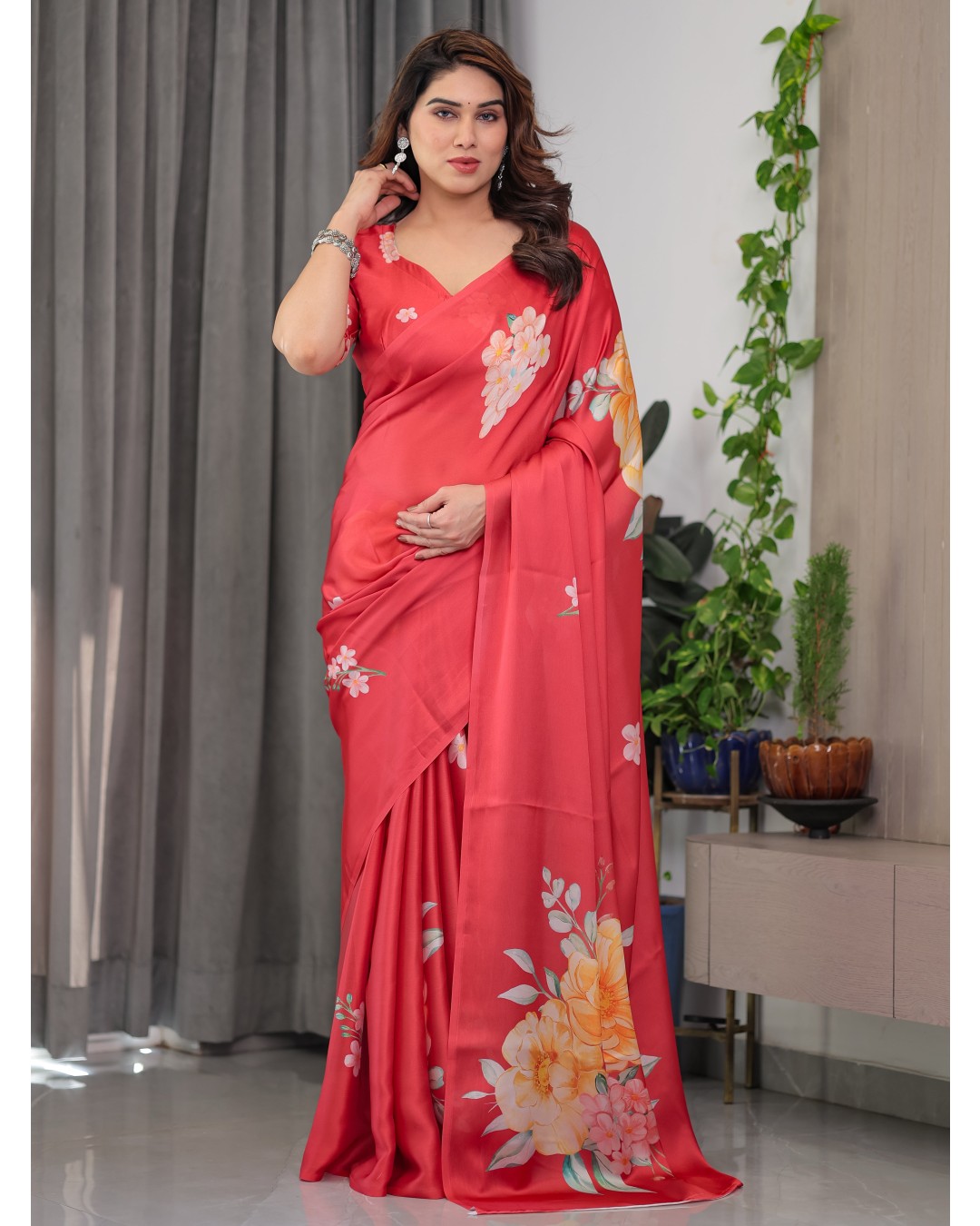 Women's Floral Print Satin Georgette Saree with Designer Attached Blouse (Pack of 1)