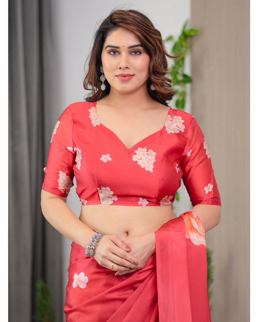 Women's Floral Print Satin Georgette Saree with Designer Attached Blouse (Pack of 1)