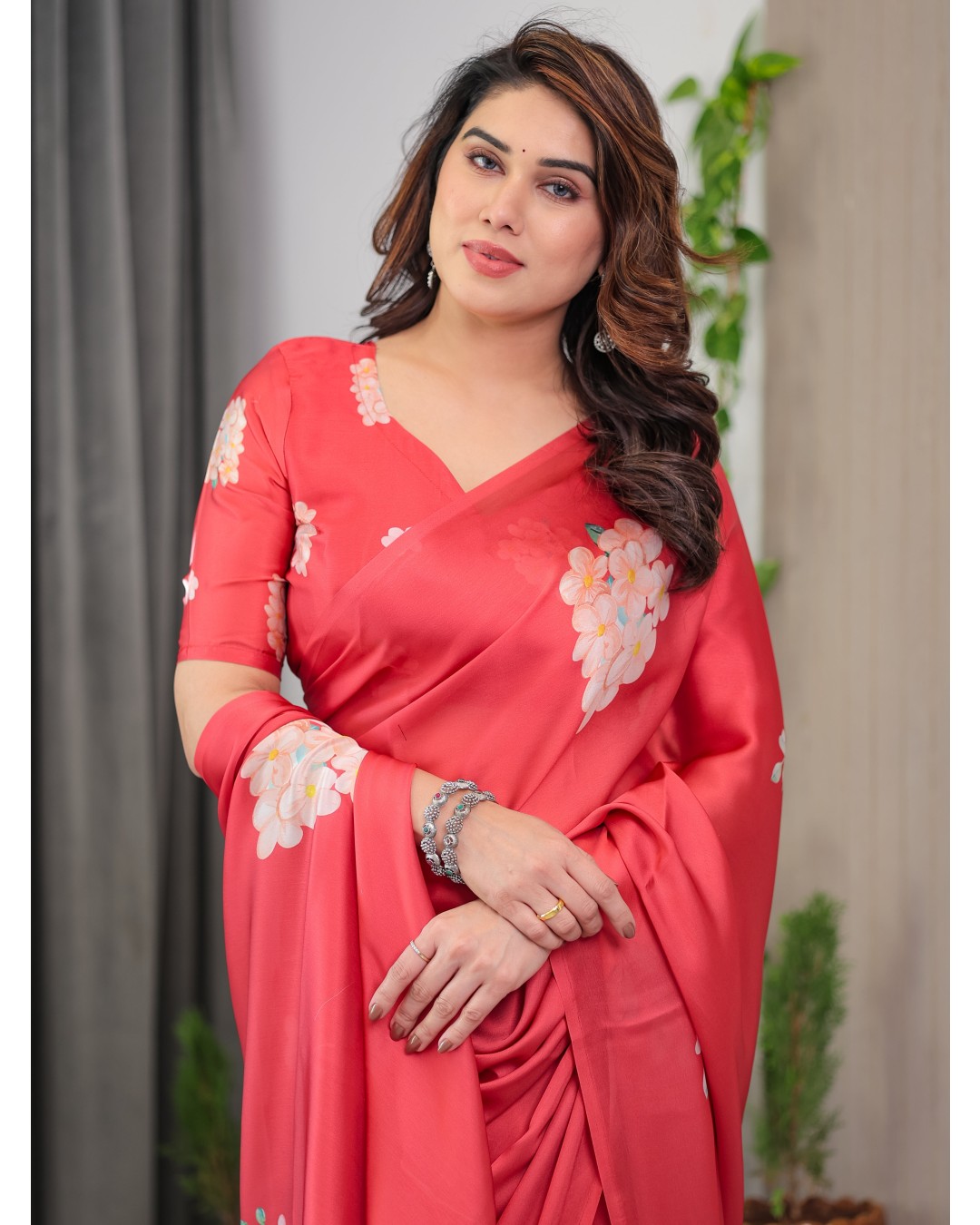 Women's Floral Print Satin Georgette Saree with Designer Attached Blouse (Pack of 1)