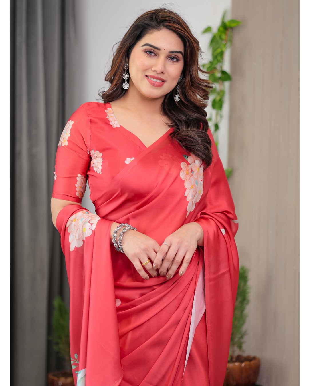 Women's Floral Print Satin Georgette Saree with Designer Attached Blouse (Pack of 1)