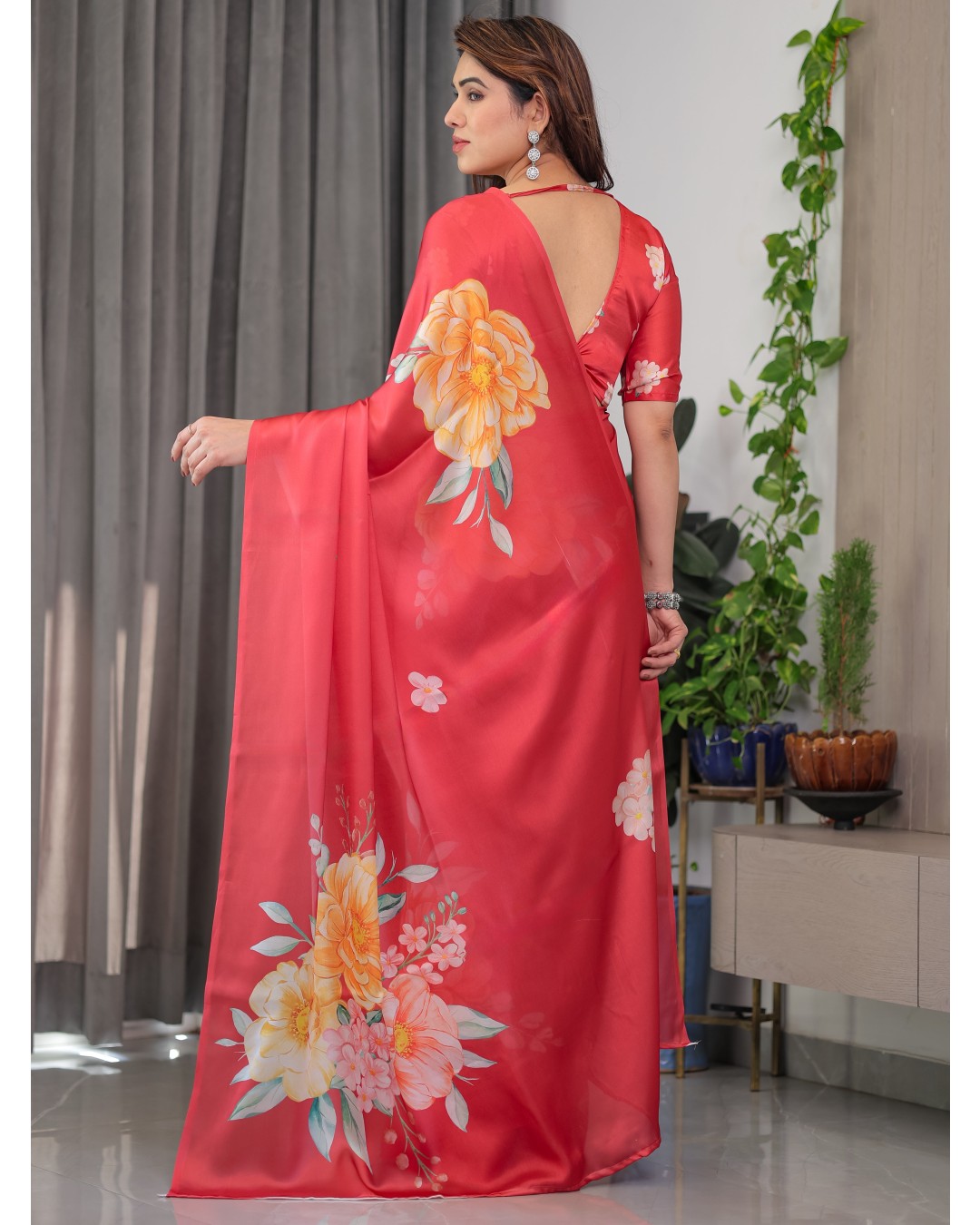 Women's Floral Print Satin Georgette Saree with Designer Attached Blouse (Pack of 1)