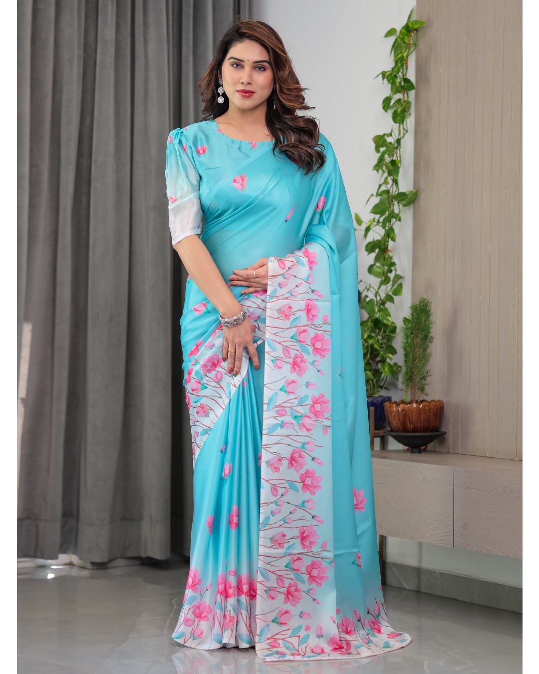 Women's Floral Print Satin Georgette Saree with Designer Attached Blouse (Pack of 1)