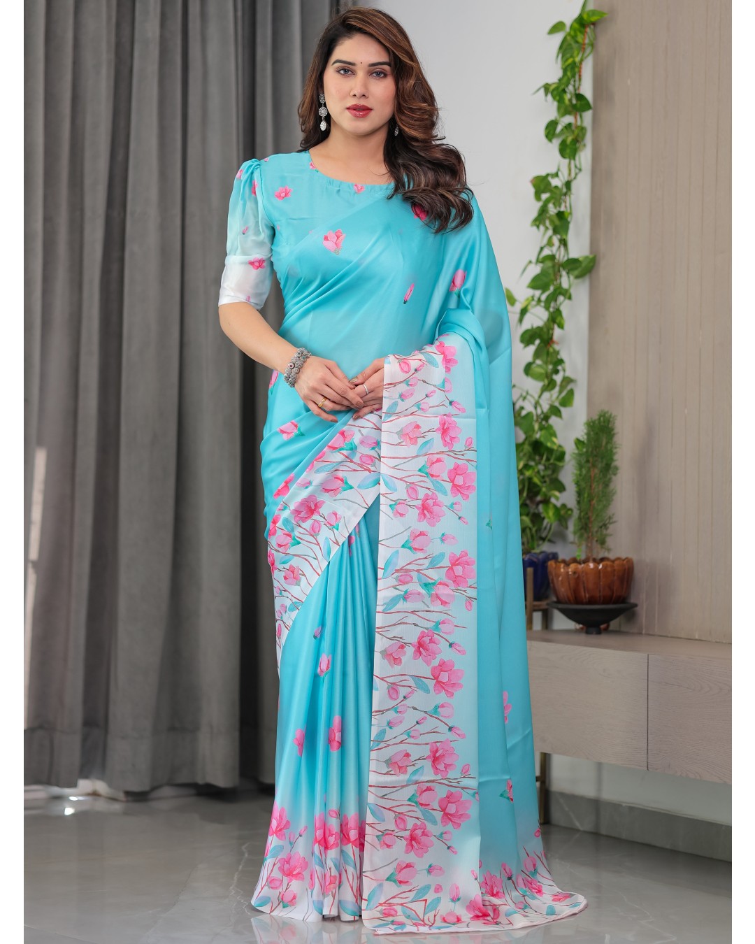 Women's Floral Print Satin Georgette Saree with Designer Attached Blouse (Pack of 1)