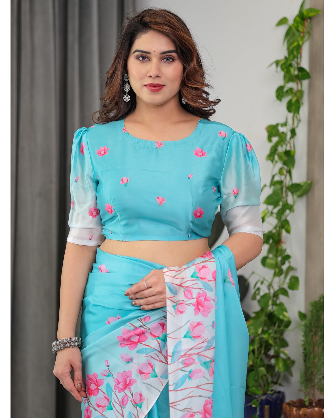 Women's Floral Print Satin Georgette Saree with Designer Attached Blouse (Pack of 1)