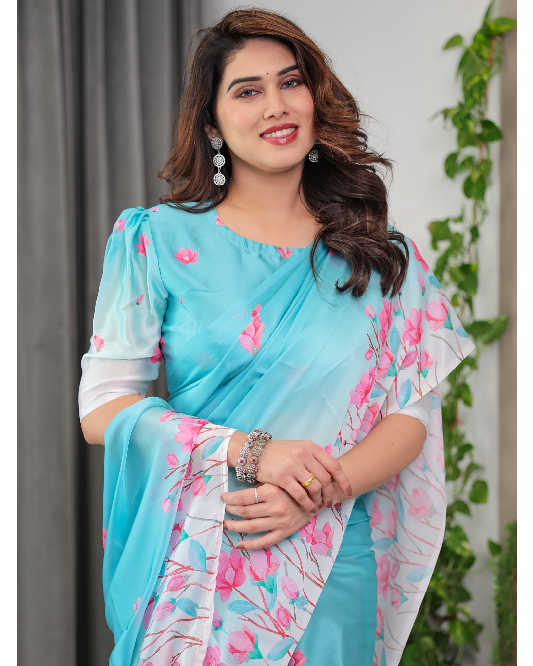 Women's Floral Print Satin Georgette Saree with Designer Attached Blouse (Pack of 1)