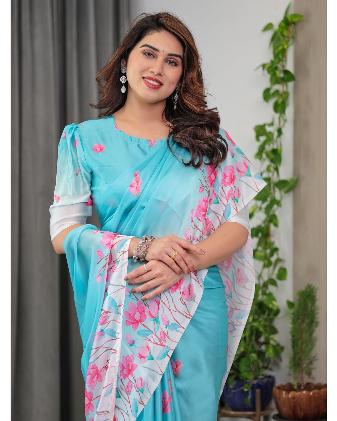 Women's Floral Print Satin Georgette Saree with Designer Attached Blouse (Pack of 1)