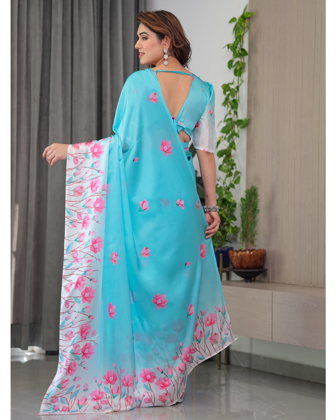 Women's Floral Print Satin Georgette Saree with Designer Attached Blouse (Pack of 1)