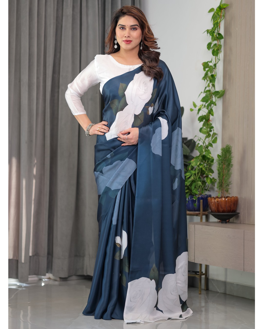 Women's Floral Print Satin Georgette Saree with Designer Attached Blouse (Pack of 1)