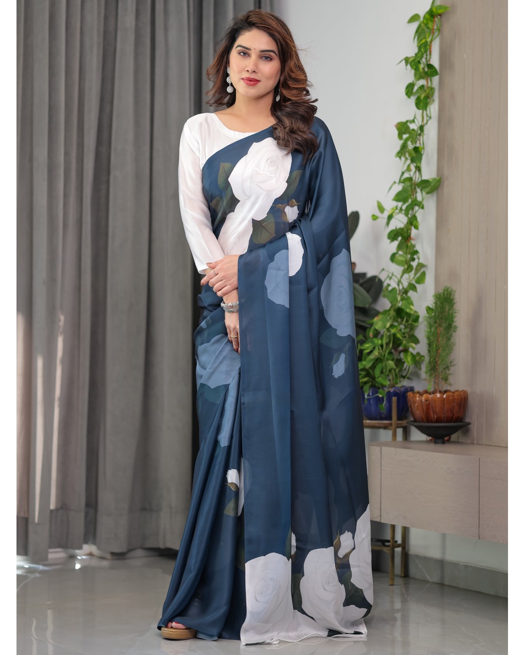 Women's Floral Print Satin Georgette Saree with Designer Attached Blouse (Pack of 1)