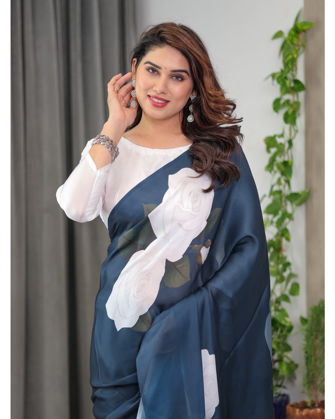 Women's Floral Print Satin Georgette Saree with Designer Attached Blouse (Pack of 1)