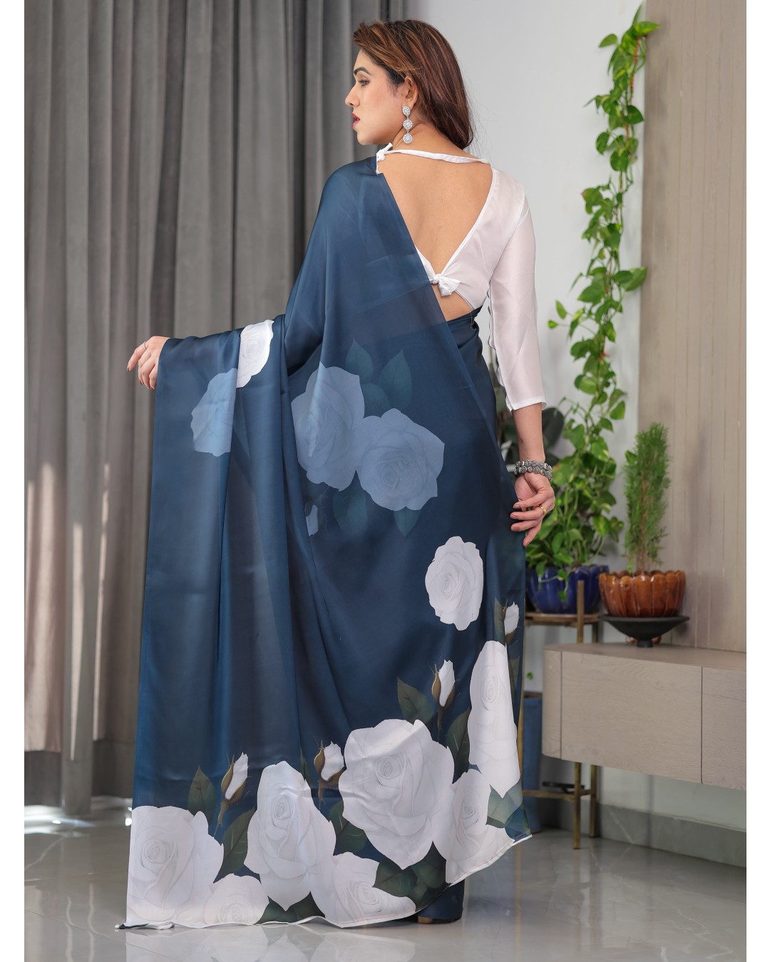 Women's Floral Print Satin Georgette Saree with Designer Attached Blouse (Pack of 1)