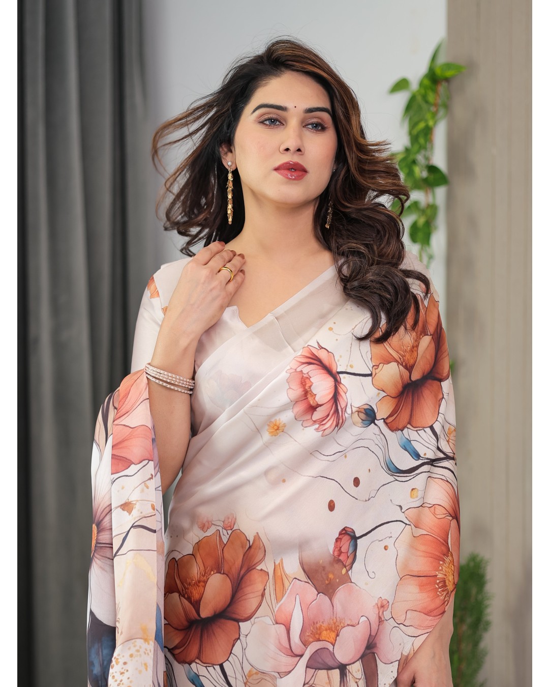 Women's Floral Print Satin Georgette Saree with Designer Attached Blouse (Pack of 1)