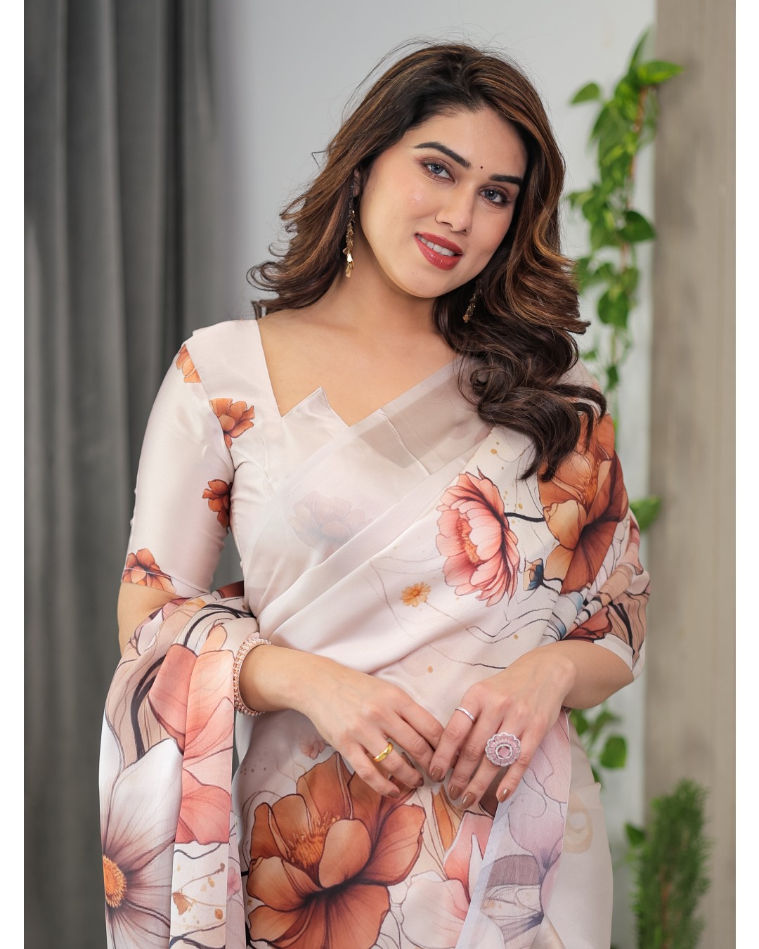 Women's Floral Print Satin Georgette Saree with Designer Attached Blouse (Pack of 1)