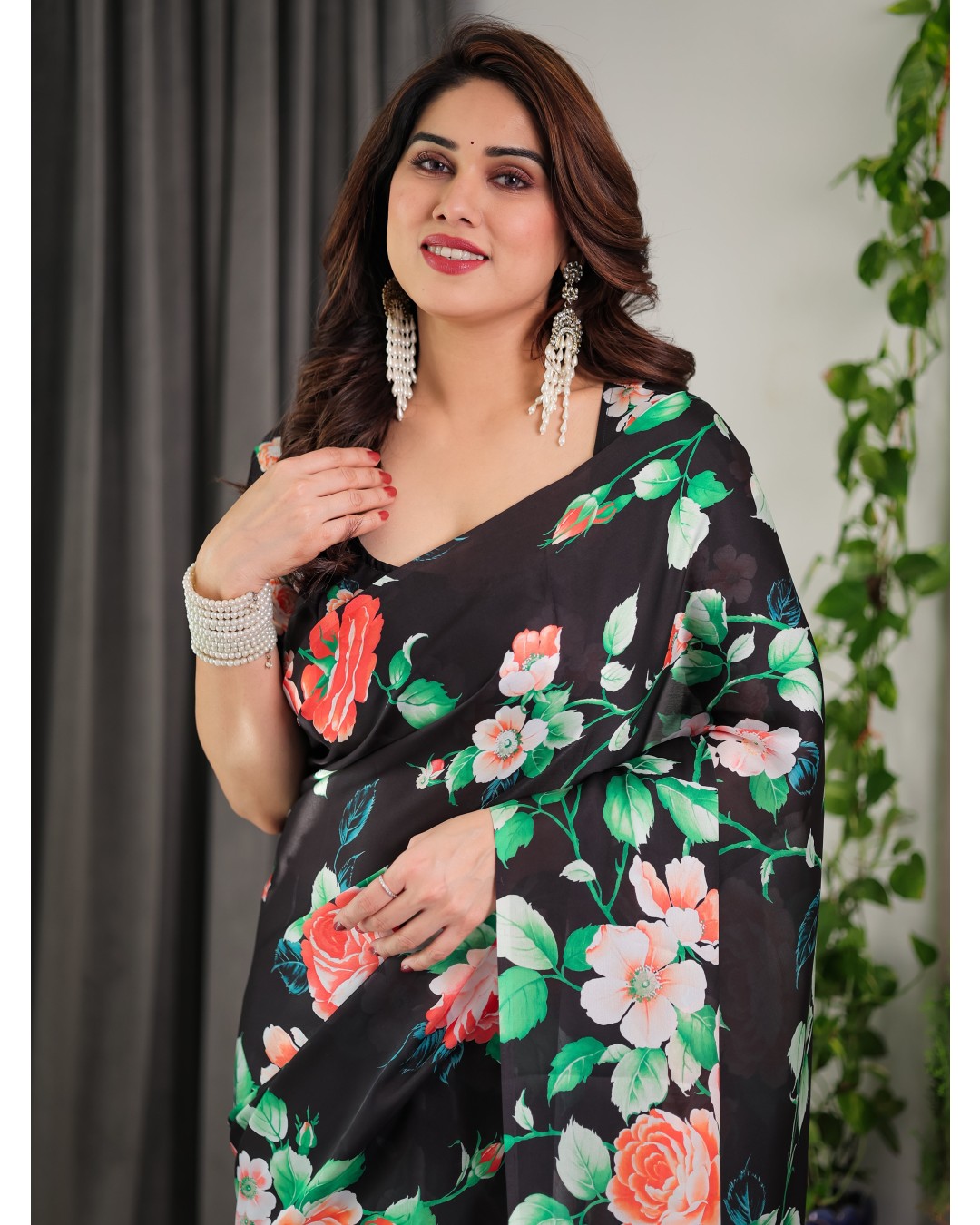 Women's Floral Print Satin Georgette Saree with Designer Attached Blouse (Pack of 1)