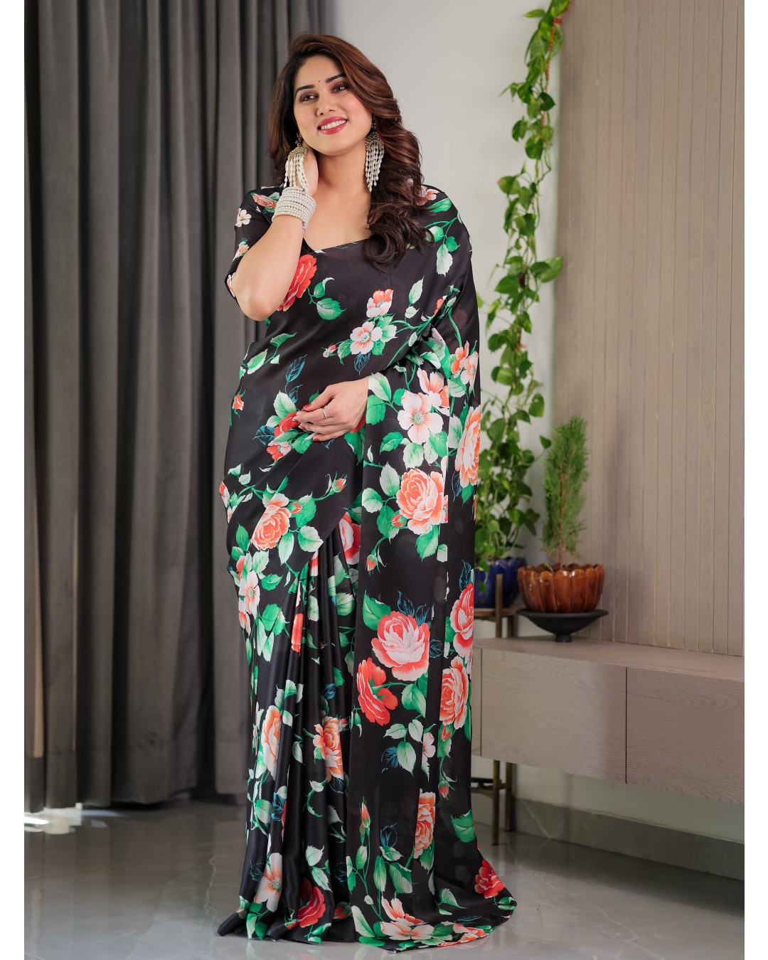 Women's Floral Print Satin Georgette Saree with Designer Attached Blouse (Pack of 1)