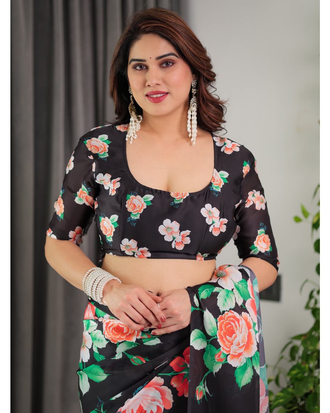 Women's Floral Print Satin Georgette Saree with Designer Attached Blouse (Pack of 1)