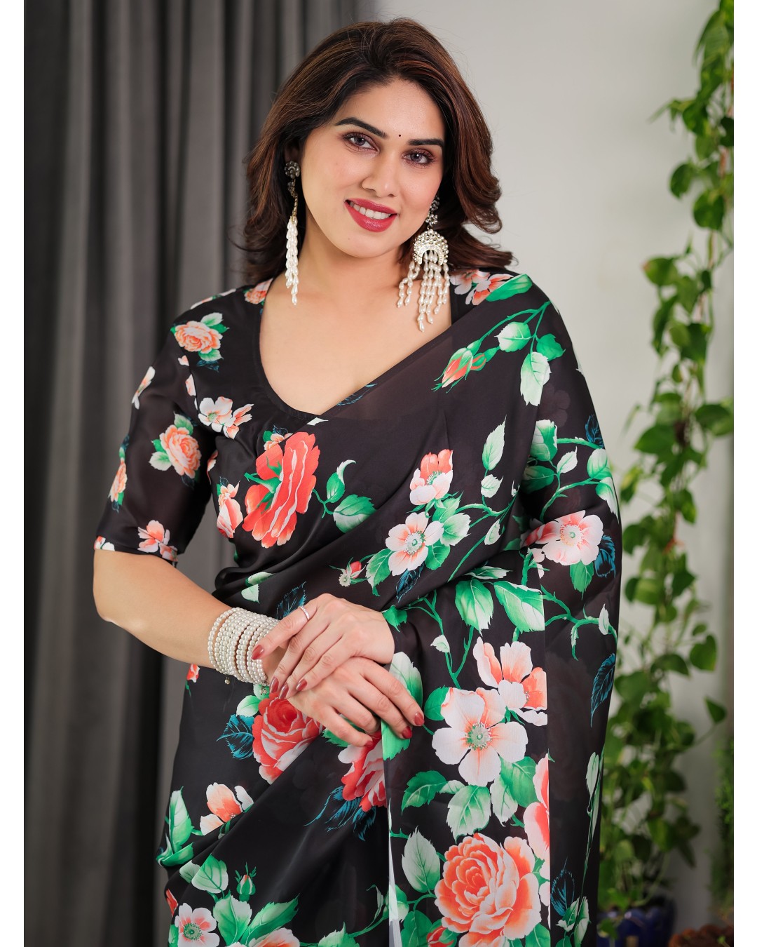 Women's Floral Print Satin Georgette Saree with Designer Attached Blouse (Pack of 1)