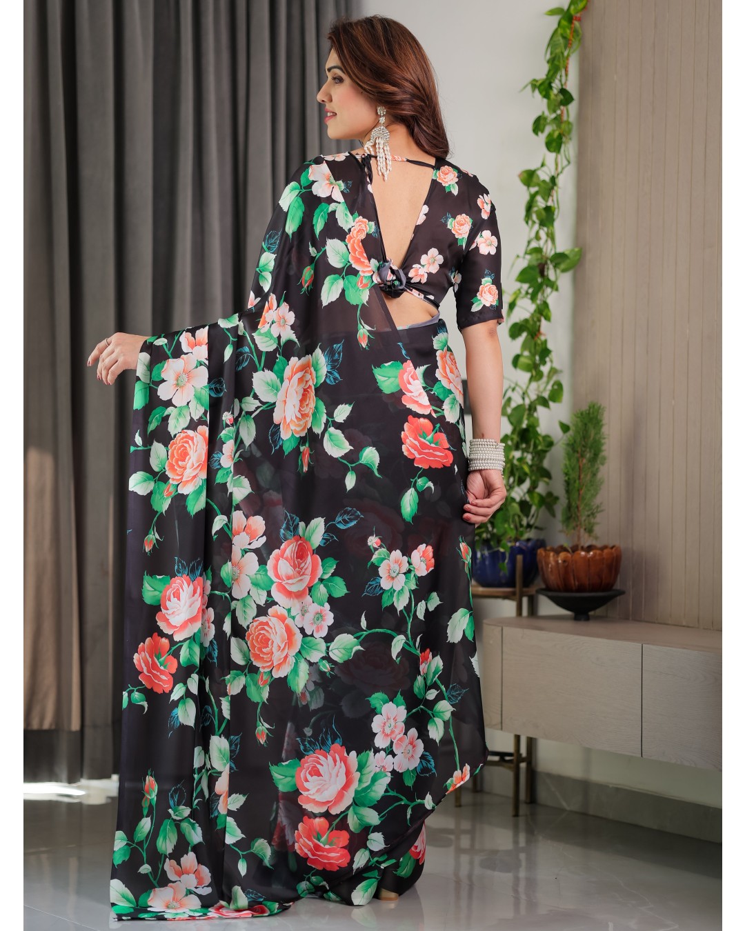 Women's Floral Print Satin Georgette Saree with Designer Attached Blouse (Pack of 1)