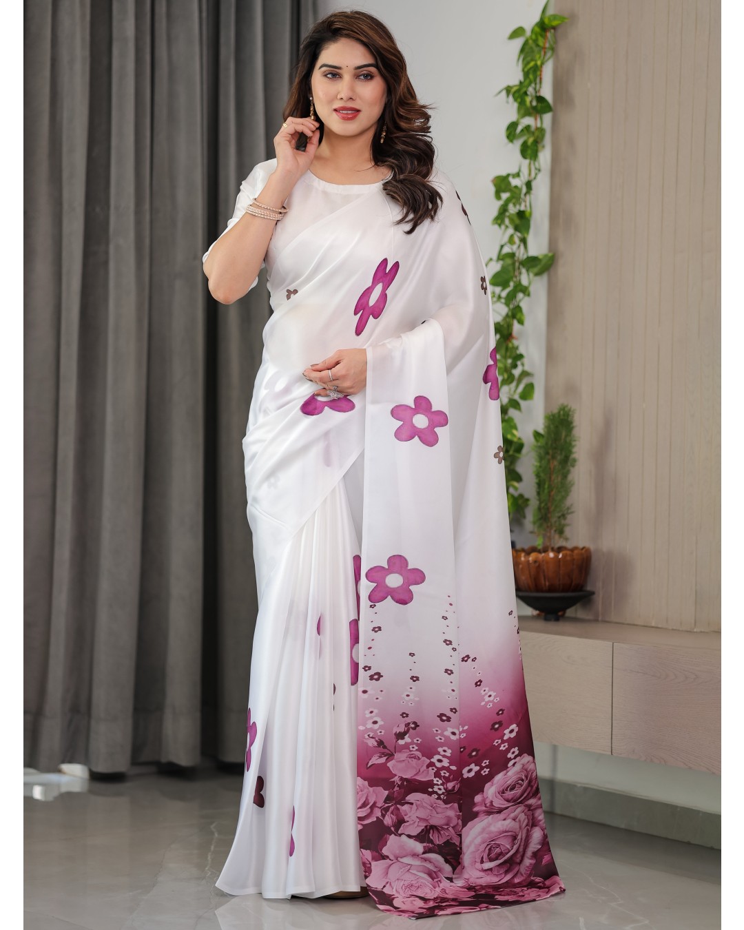 Women's Floral Print Satin Georgette Saree with Designer Attached Blouse (Pack of 1)