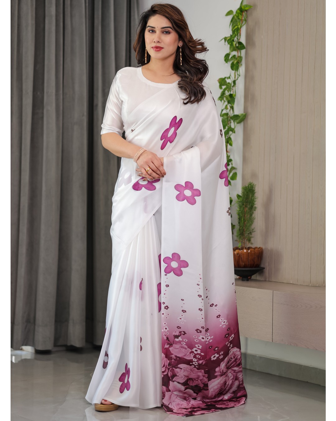 Women's Floral Print Satin Georgette Saree with Designer Attached Blouse (Pack of 1)