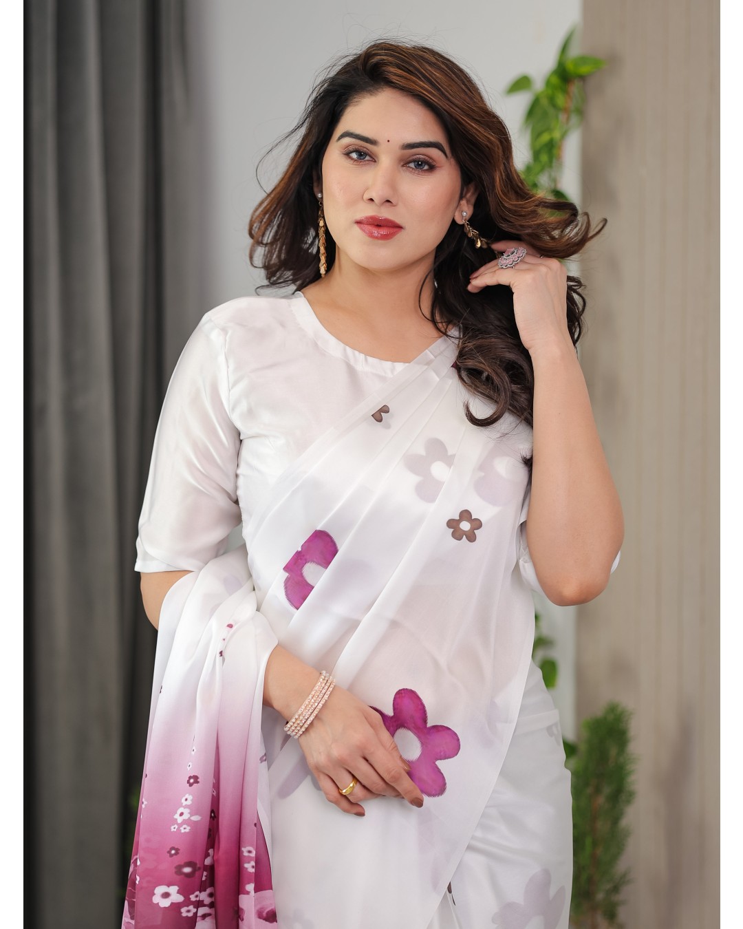 Women's Floral Print Satin Georgette Saree with Designer Attached Blouse (Pack of 1)