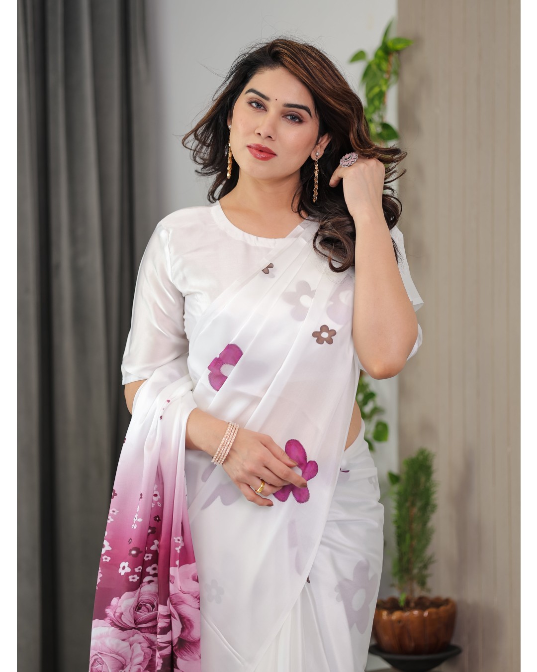 Women's Floral Print Satin Georgette Saree with Designer Attached Blouse (Pack of 1)