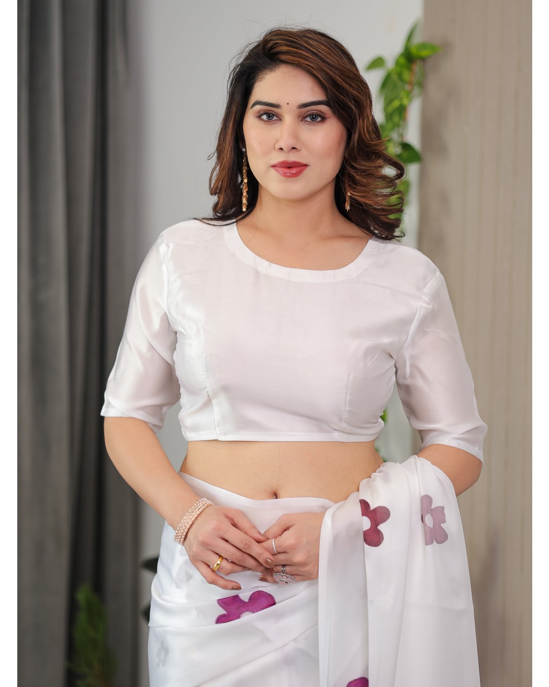 Women's Floral Print Satin Georgette Saree with Designer Attached Blouse (Pack of 1)