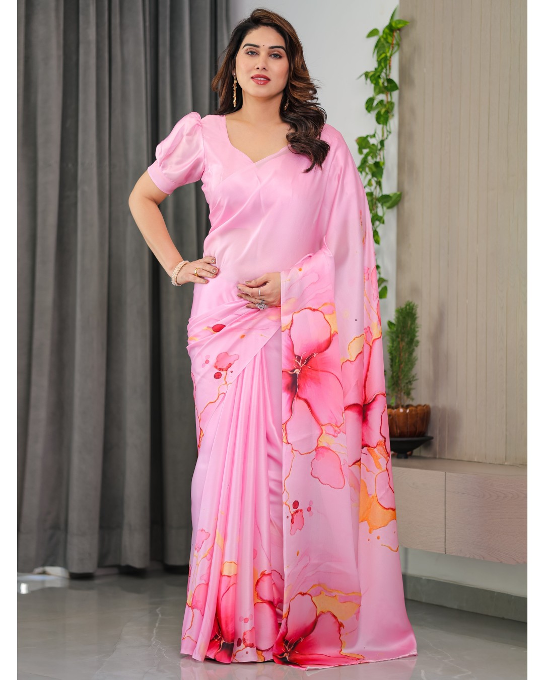 Women's Floral Print Satin Georgette Saree with Designer Attached Blouse (Pack of 1)