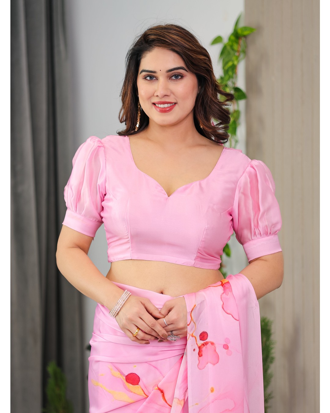 Women's Floral Print Satin Georgette Saree with Designer Attached Blouse (Pack of 1)