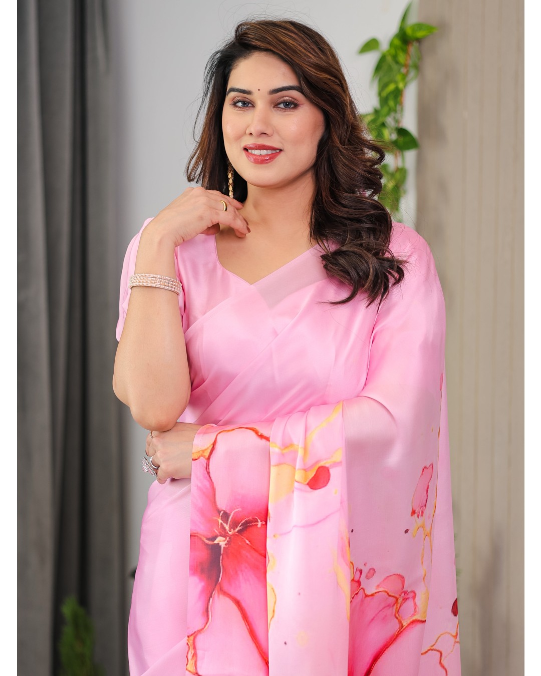 Women's Floral Print Satin Georgette Saree with Designer Attached Blouse (Pack of 1)