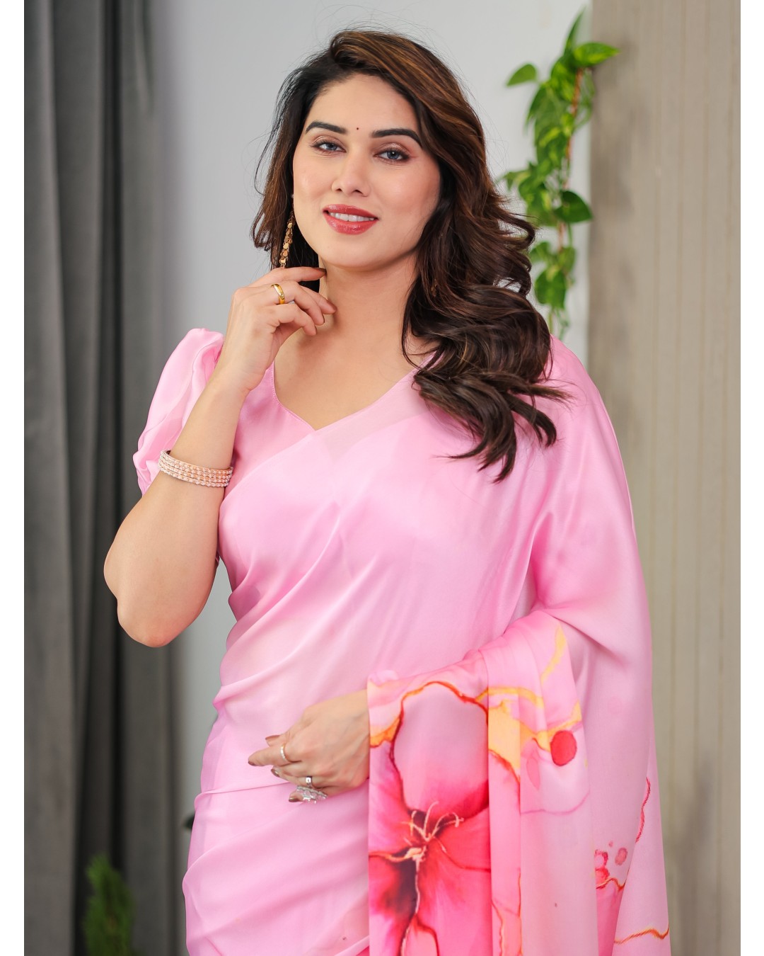 Women's Floral Print Satin Georgette Saree with Designer Attached Blouse (Pack of 1)