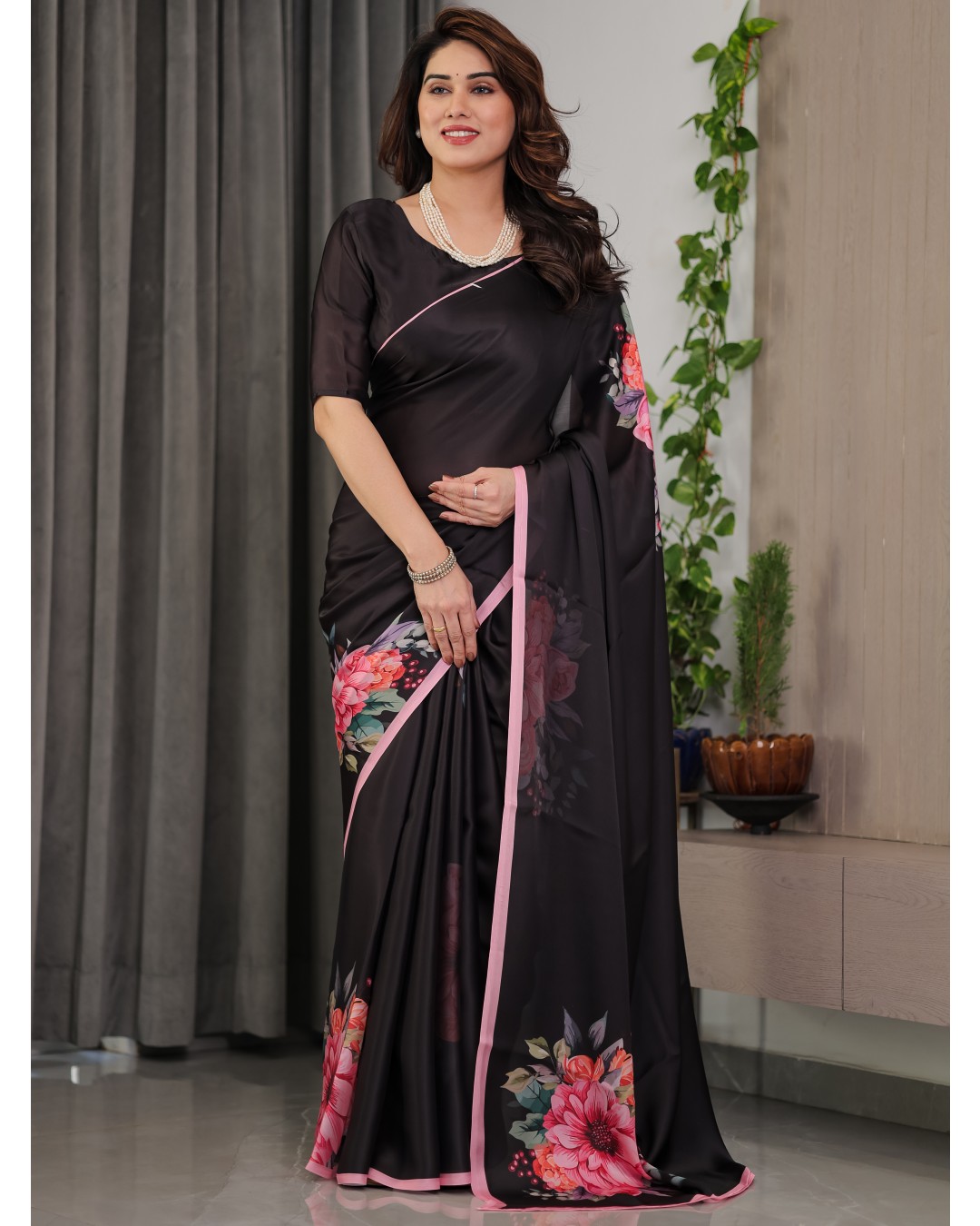 Satin Georgette Floral Printed Saree with Attached BP (Pack of 1)