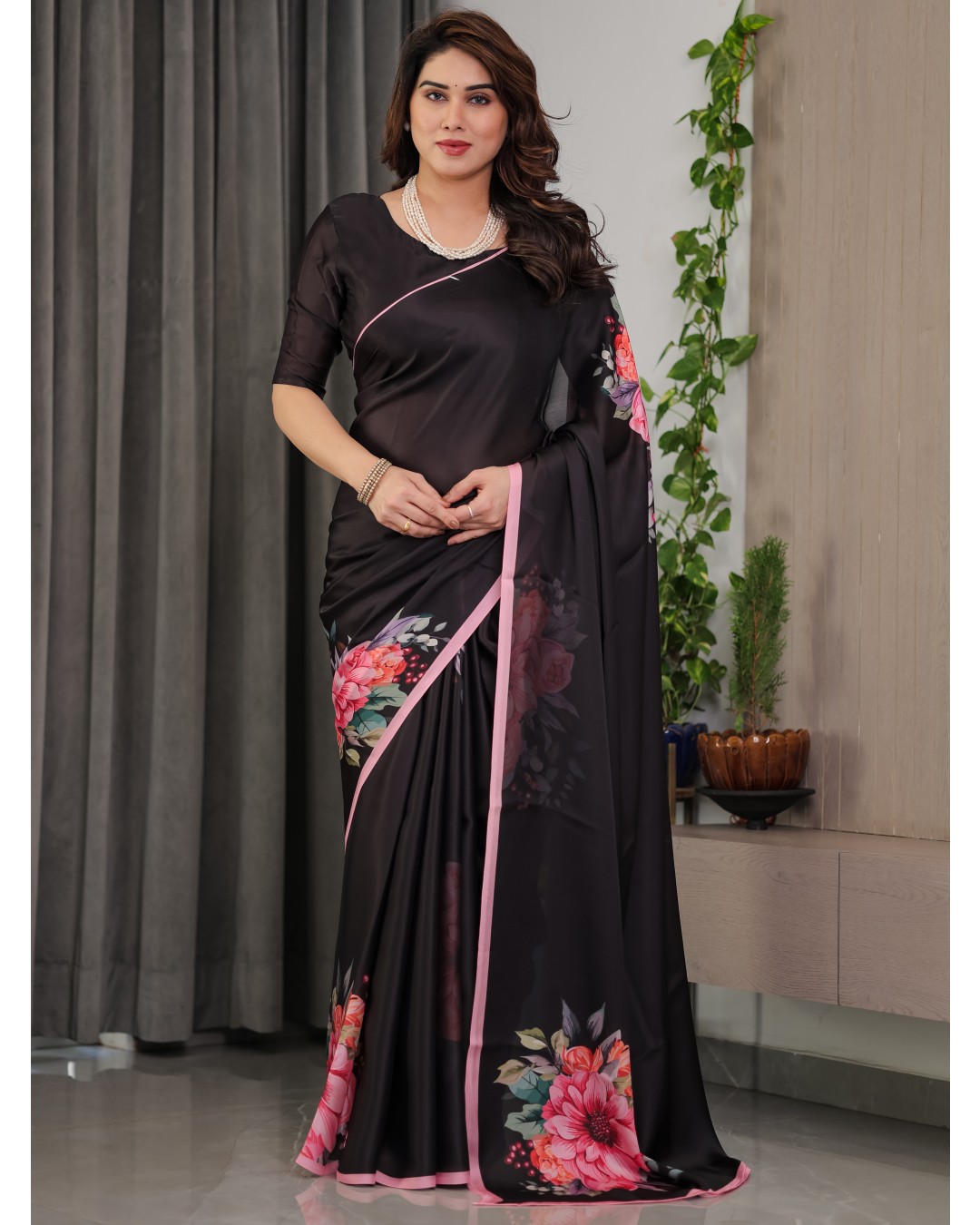 Satin Georgette Floral Printed Saree with Attached BP (Pack of 1)