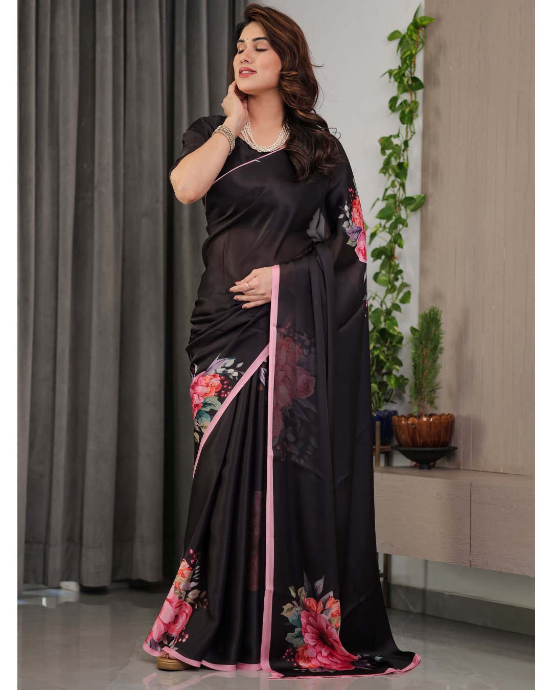 Satin Georgette Floral Printed Saree with Attached BP (Pack of 1)