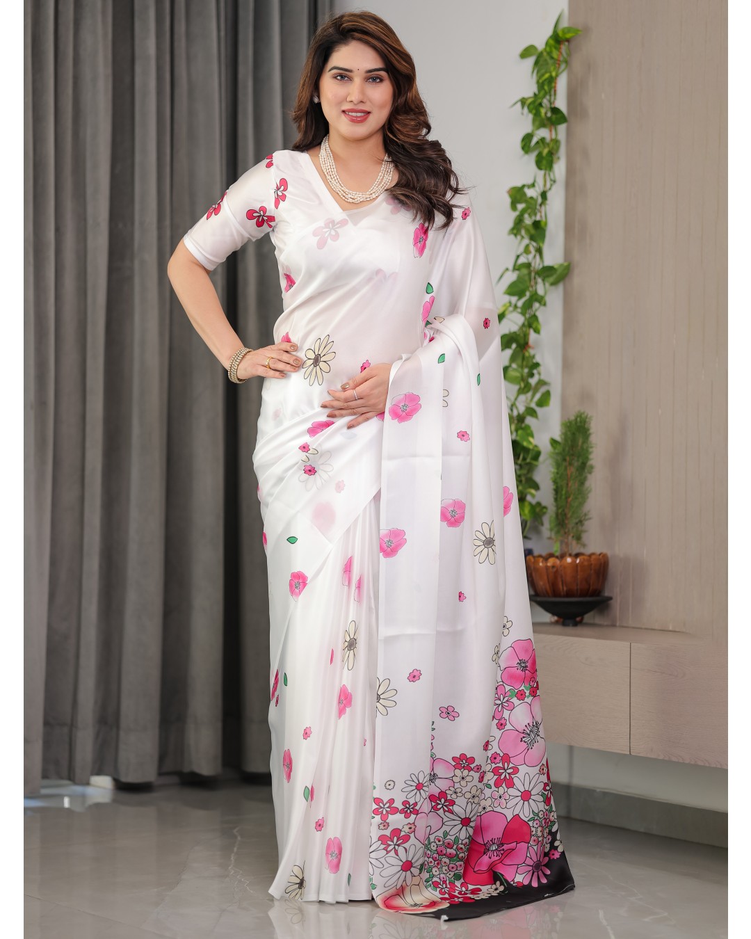 Satin Georgette Floral Printed Saree with Attached BP (Pack of 1)