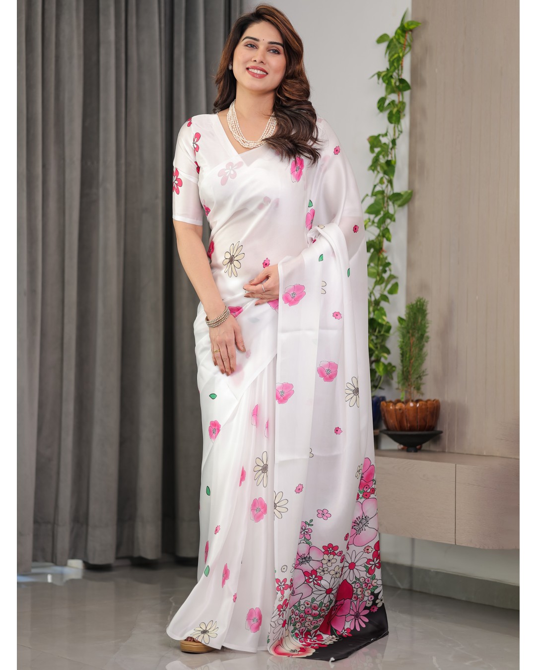 Satin Georgette Floral Printed Saree with Attached BP (Pack of 1)