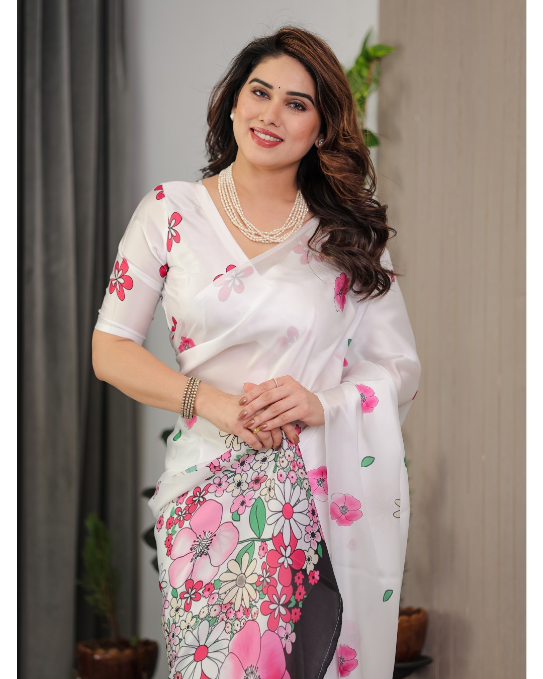 Satin Georgette Floral Printed Saree with Attached BP (Pack of 1)