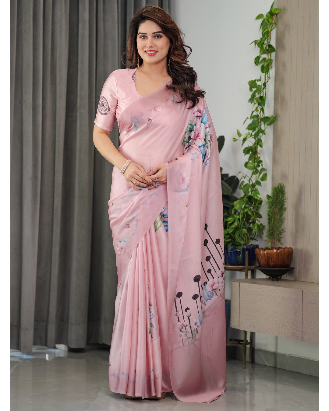 Satin Georgette Floral Printed Saree with Attached BP (Pack of 1)