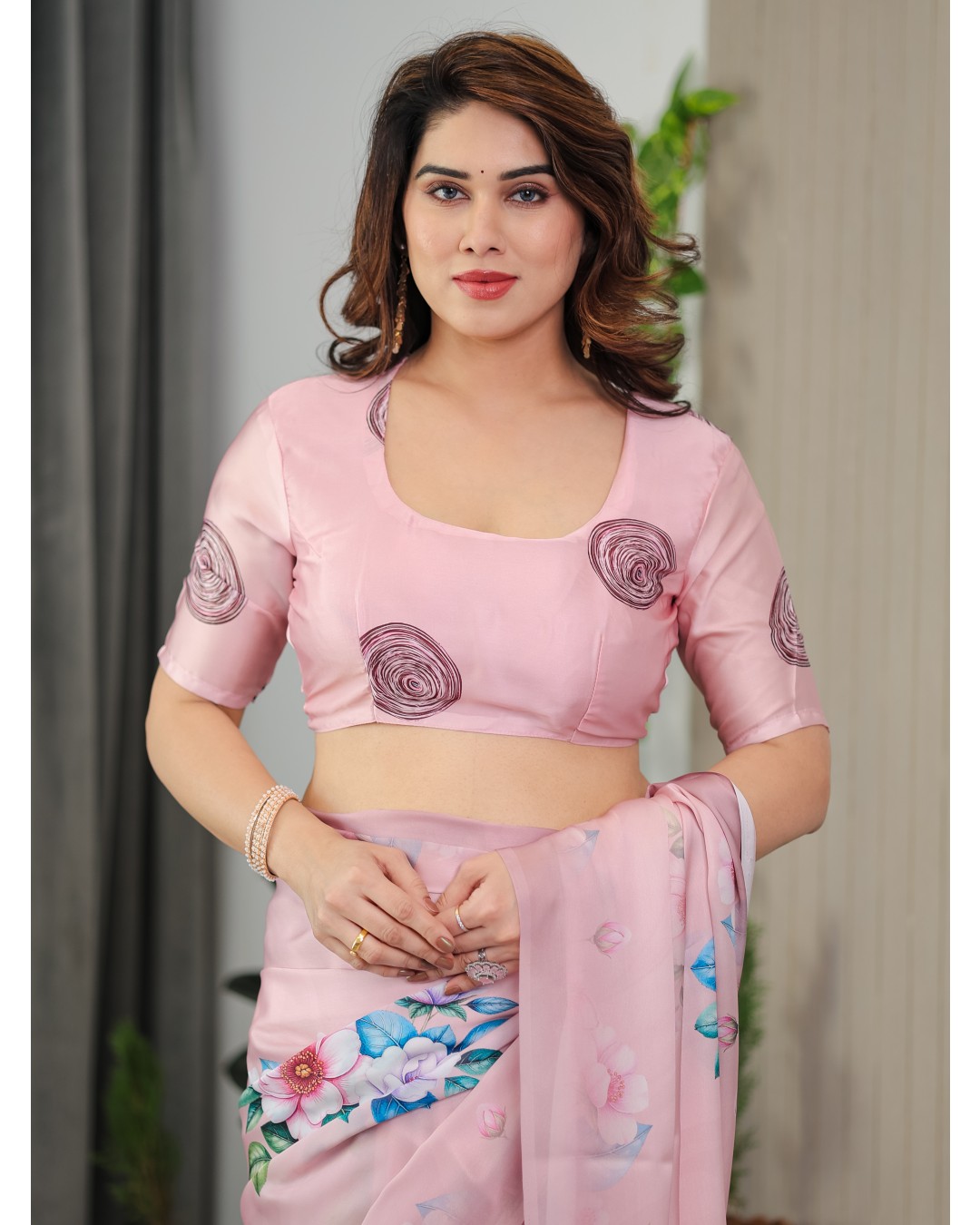 Satin Georgette Floral Printed Saree with Attached BP (Pack of 1)