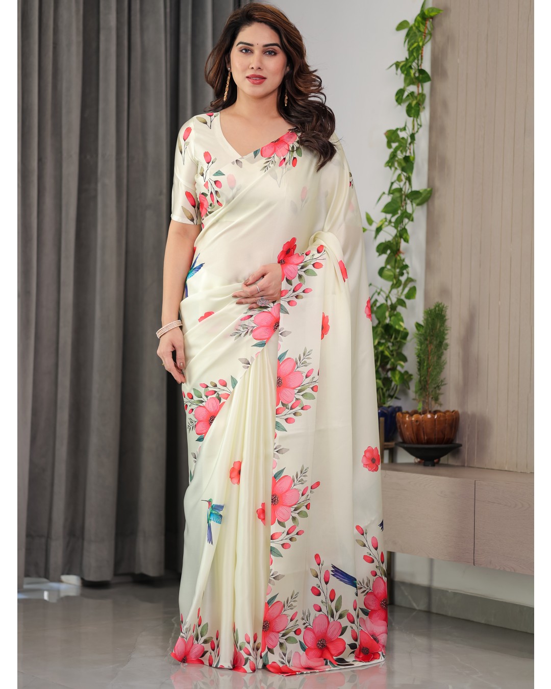Satin Georgette Floral Printed Saree with Attached BP (Pack of 1)