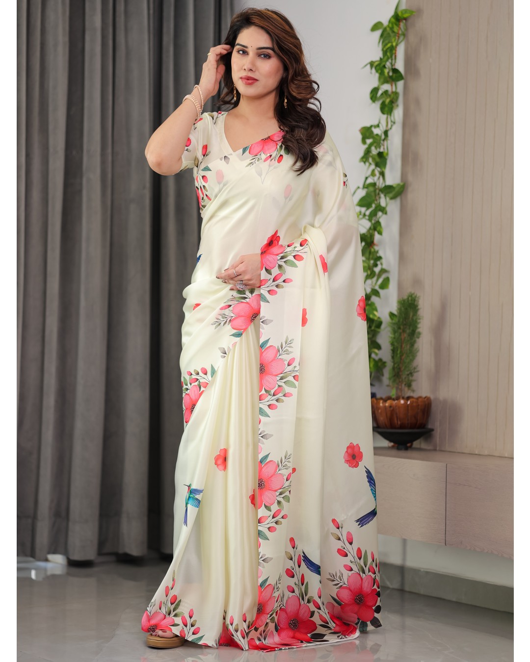 Satin Georgette Floral Printed Saree with Attached BP (Pack of 1)