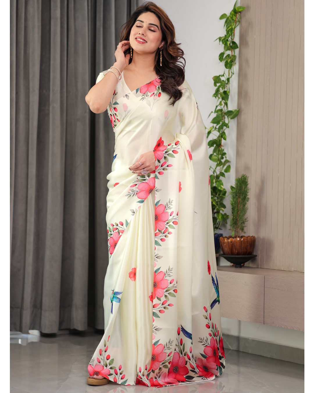 Satin Georgette Floral Printed Saree with Attached BP (Pack of 1)