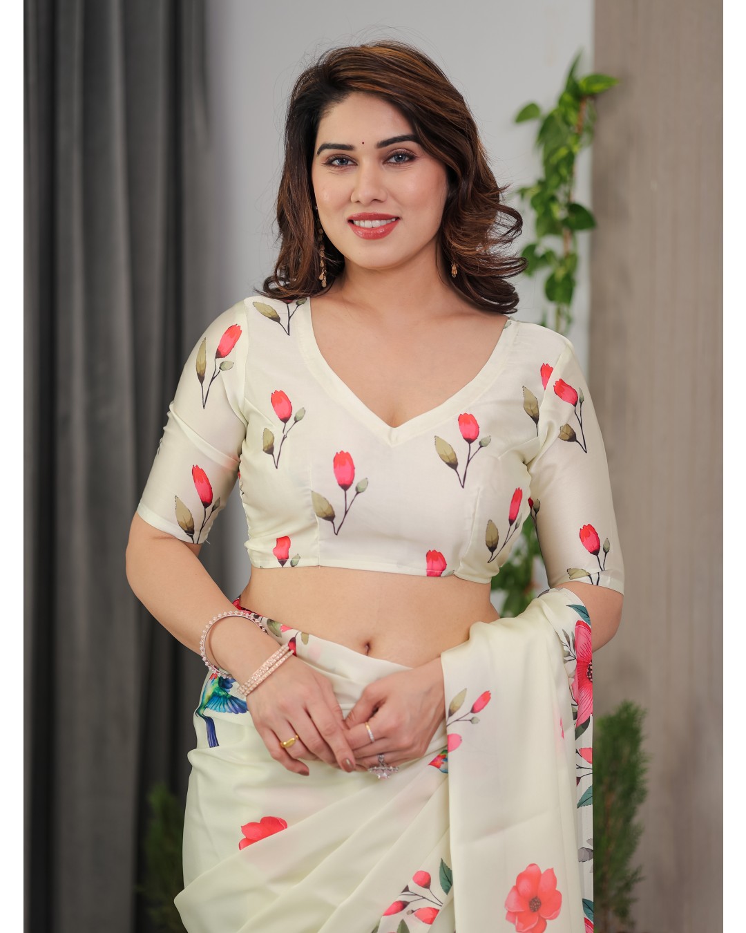 Satin Georgette Floral Printed Saree with Attached BP (Pack of 1)