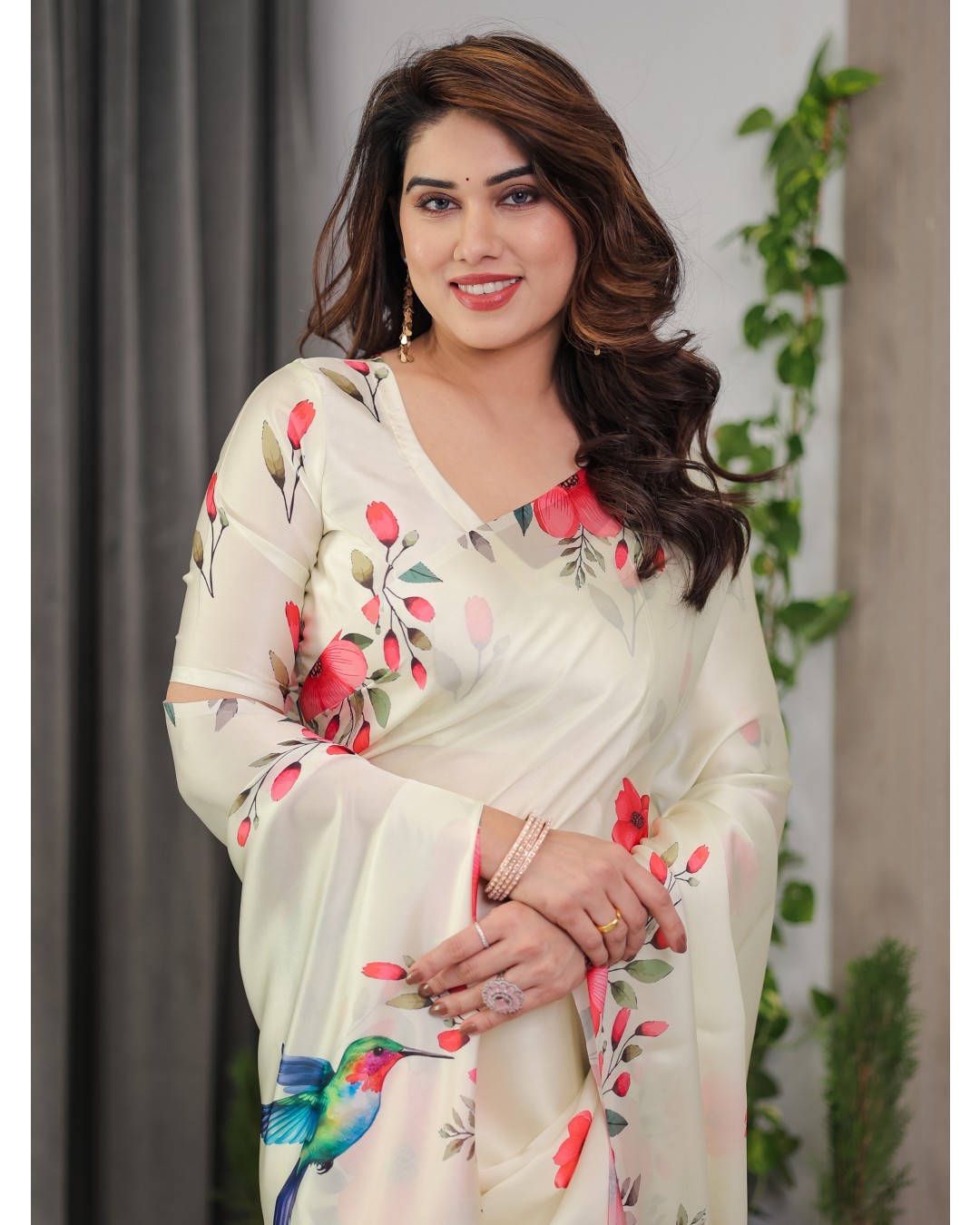 Satin Georgette Floral Printed Saree with Attached BP (Pack of 1)