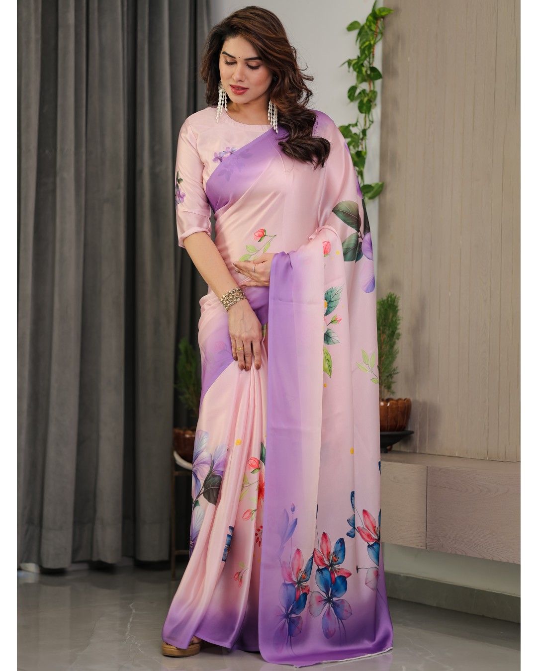 Women’s Fancy Satin Georgette Floral Printed Saree with Attached BP (Pack of 1)