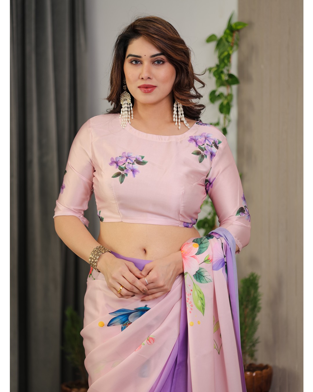 Women’s Fancy Satin Georgette Floral Printed Saree with Attached BP (Pack of 1)