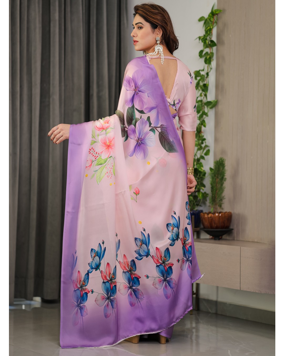 Women’s Fancy Satin Georgette Floral Printed Saree with Attached BP (Pack of 1)