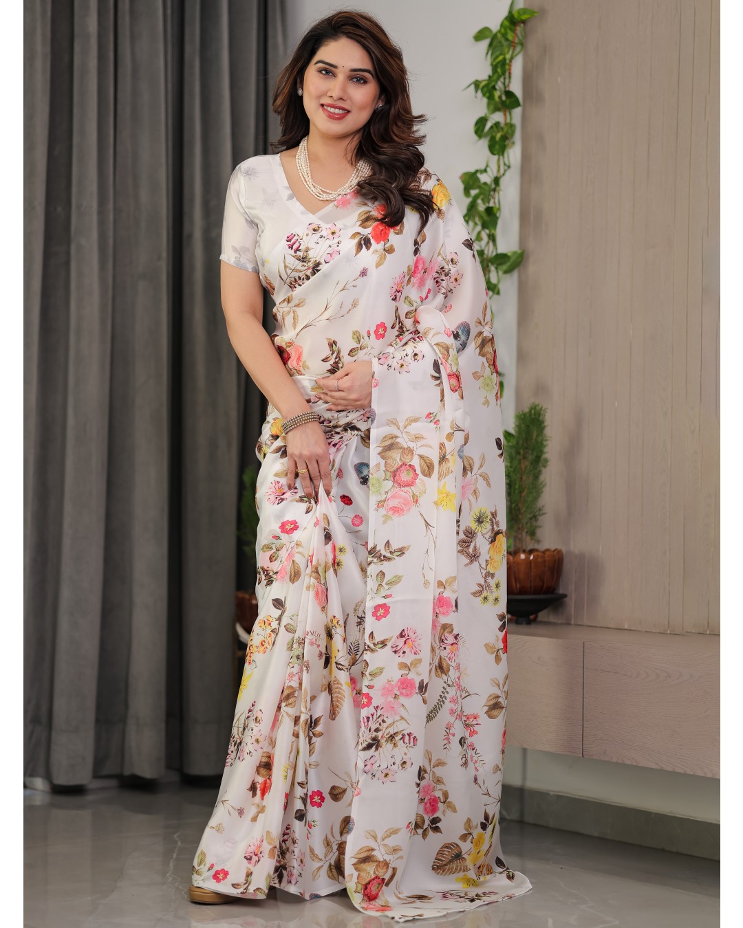 Women’s Fancy Satin Georgette Floral Printed Saree with Attached BP (Pack of 1)