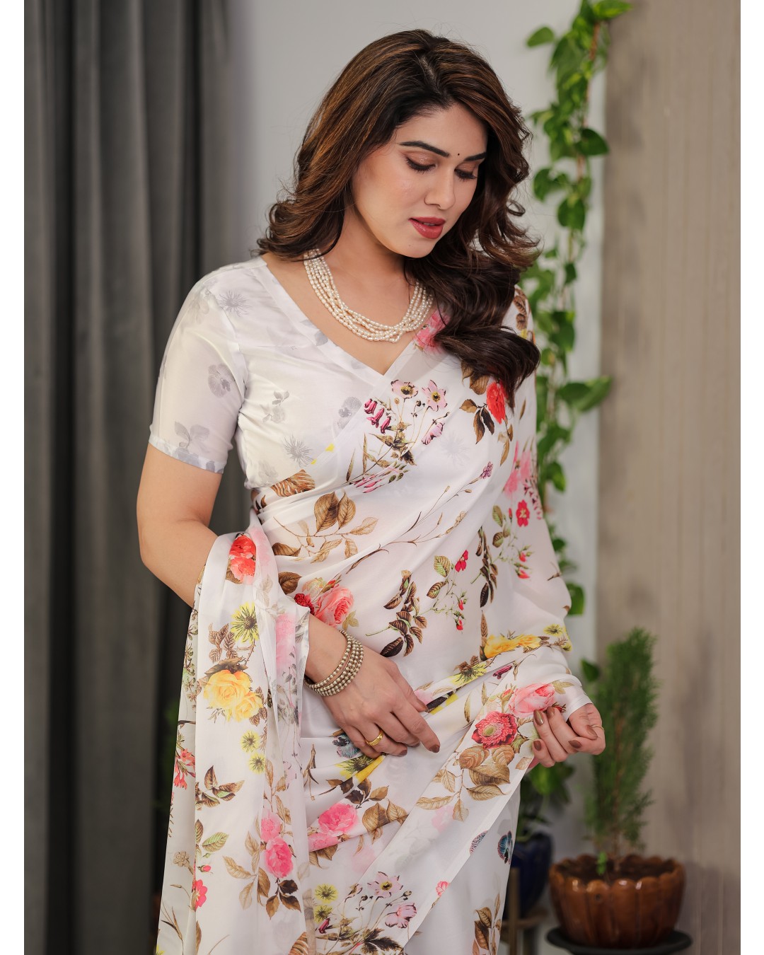 Women’s Fancy Satin Georgette Floral Printed Saree with Attached BP (Pack of 1)